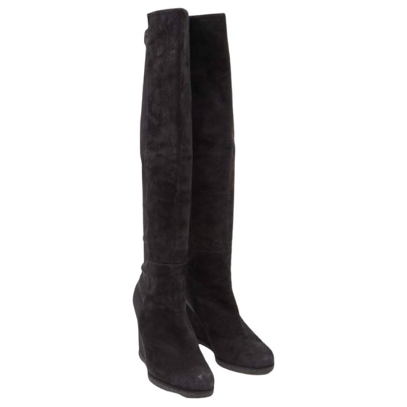 Stuart Weitzman black suede and elastic over the knee wedge platform boot 8M - Picture 8 of 10